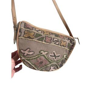 Crewel Embroidered Small Crossbody Zip Closure Handbag